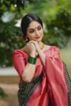 Dark Green with Peach Pure Soft Semi Silk Saree with Blouse Piece 1