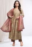 Multi-Color on Light Camel Shade Nayra Cut Kurta Set With Dupatta