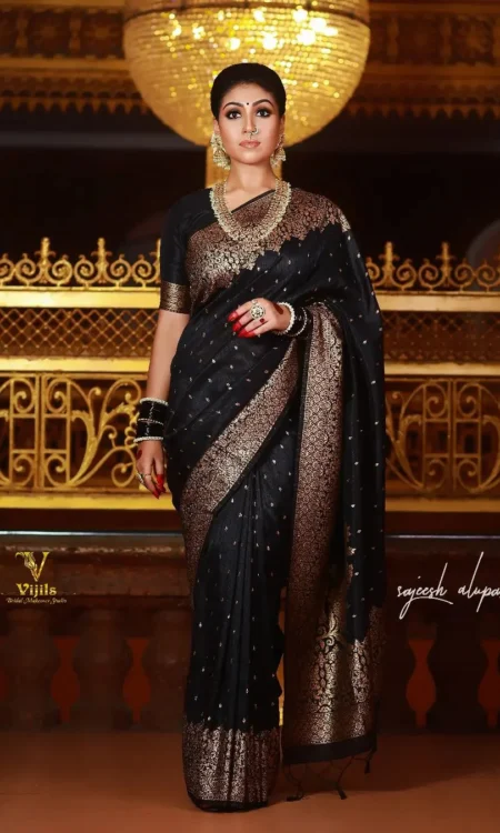 Black Pure Soft Semi Silk Saree with Attractive Blouse Piece Weaved with Copper Zari