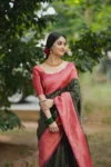 Dark Green with Peach Pure Soft Semi Silk Saree with Blouse Piece