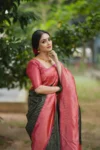 Dark Green with Peach Pure Soft Semi Silk Saree with Blouse Piece 1