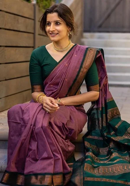 Lilac Purple and Dark Green Pure Soft Semi Silk Saree with Attractive Blouse Piece