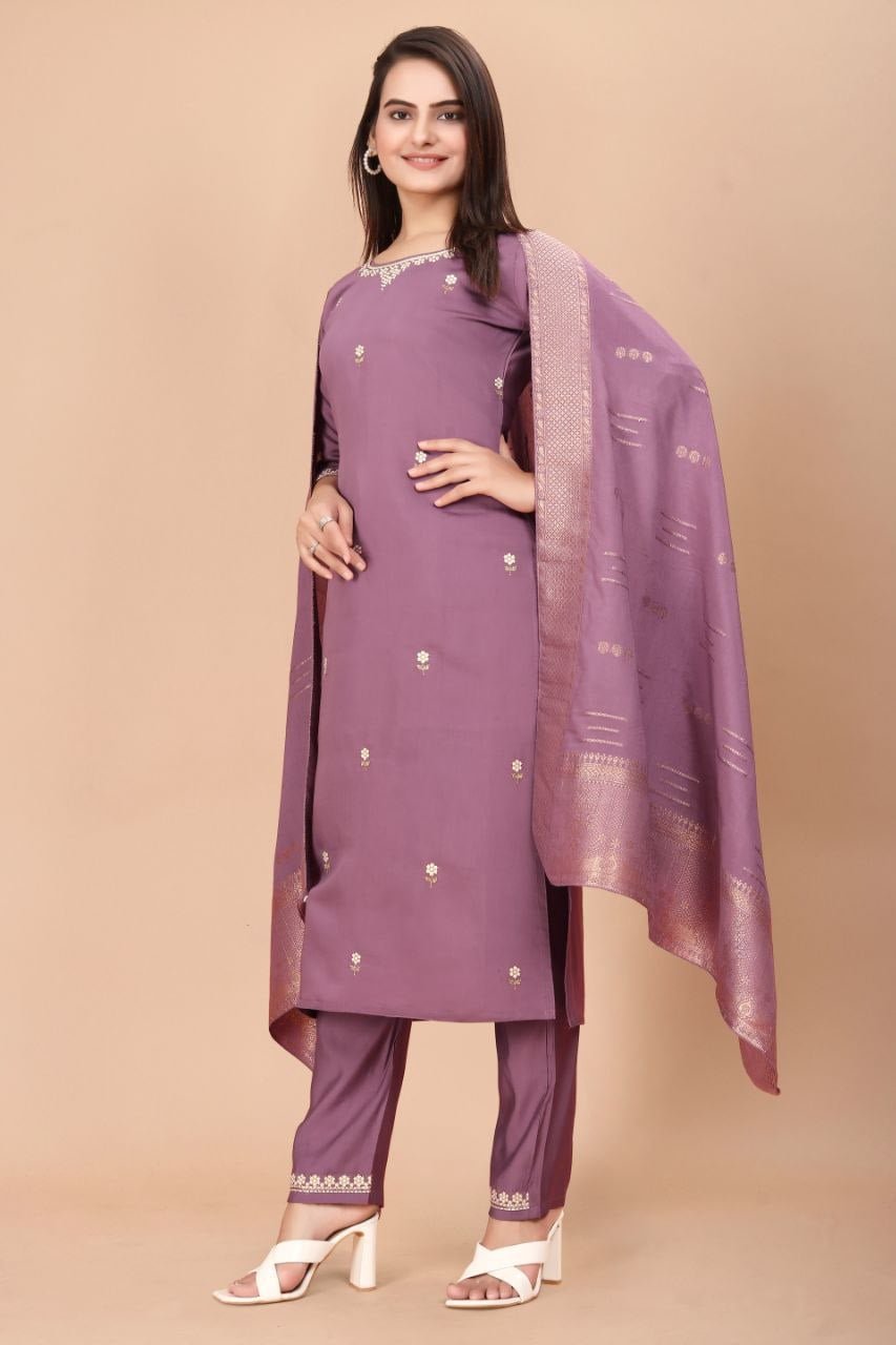 Pastel Purple Embroidered Viscose Silk Kurta Set 1