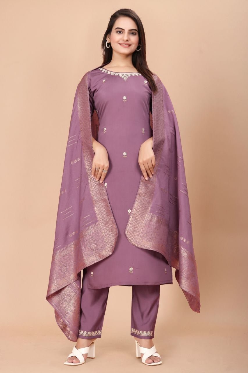Pastel Purple Embroidered Viscose Silk Kurta Set 3