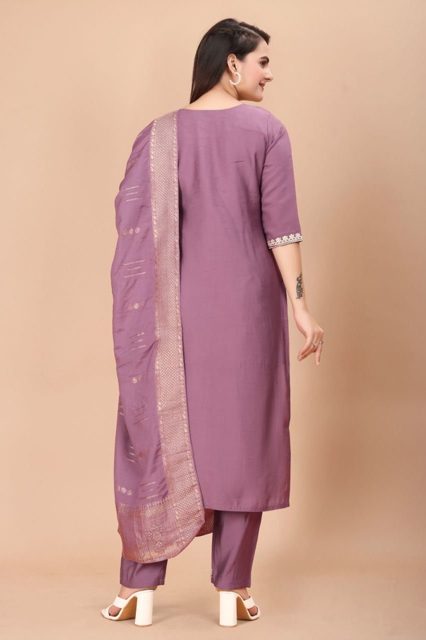 Pastel Purple Embroidered Viscose Silk Kurta Set 5