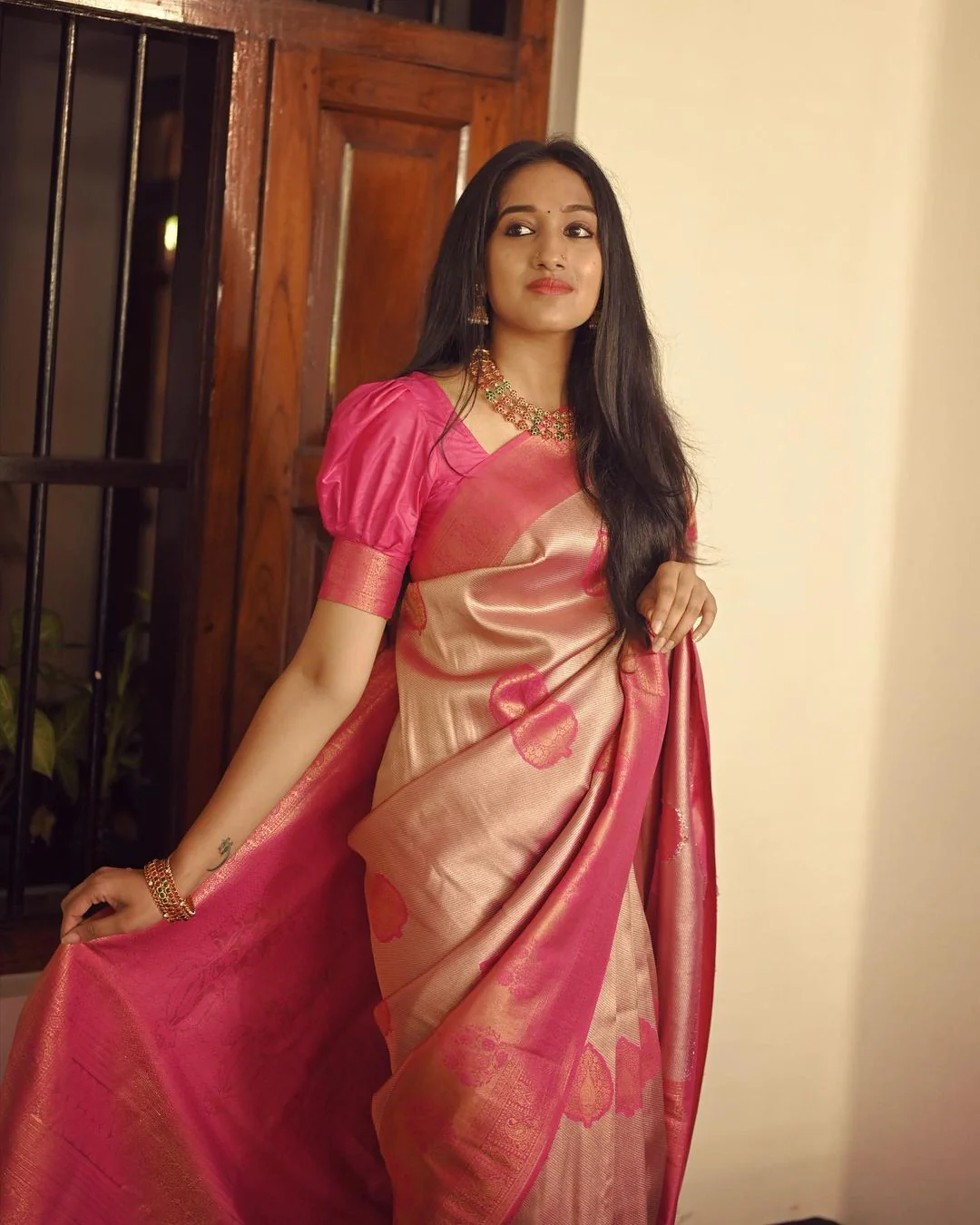 Peach Pure Soft Semi-Silk Saree Stylish Blouse Piece – Suratm 10