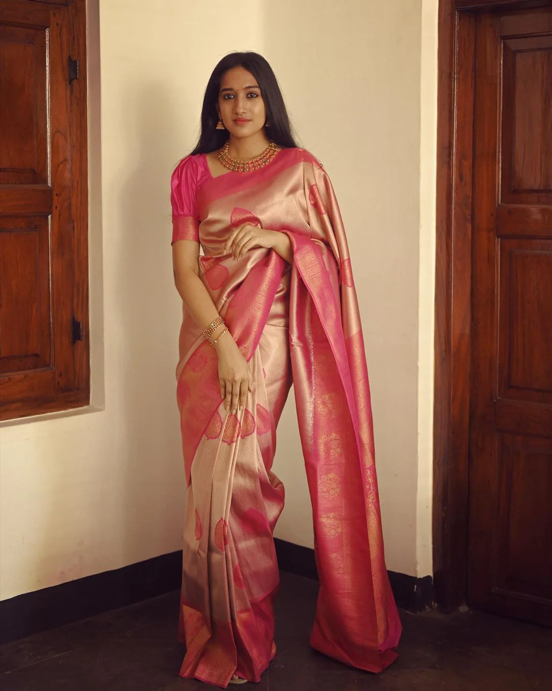 Peach Pure Soft Semi-Silk Saree Stylish Blouse Piece – Suratm 7