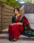Red and Dark Green Pure Soft Semi Silk Saree