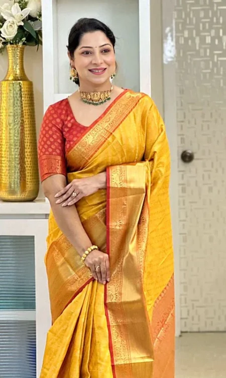 Yellow with Red Pure Semi Silk Saree Weaved with Copper Zari with Blouse Piece