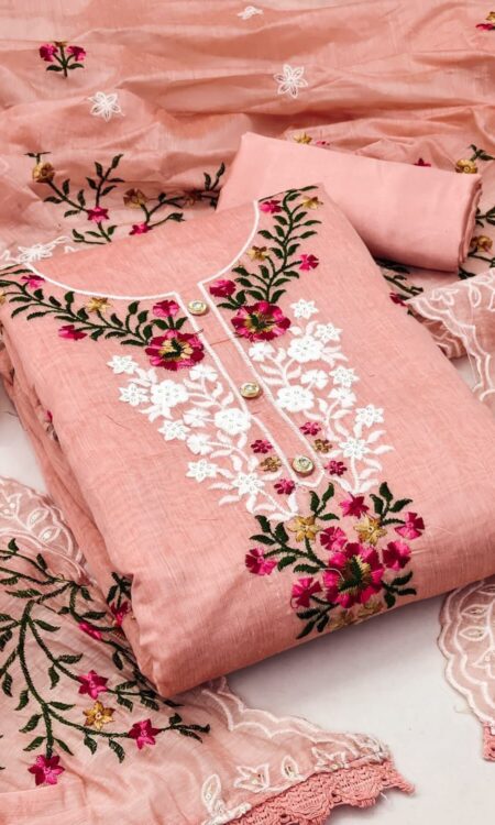 Heavy Chanderi Neck Embroidery Unstitched Salwar Suit Set with Chanderi Dupatta