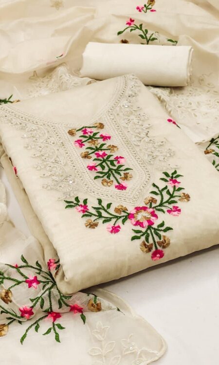 Heavy Chanderi Neck Embroidery Work Unstitched Salwar Suit Set