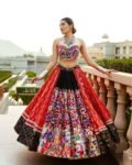 Designer Printed Orange and Black Lehenga Choli Set in Heavy Muslin Cotton