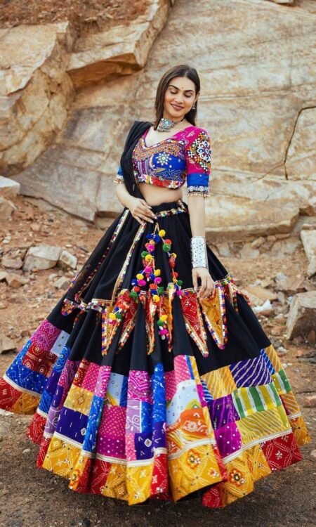 Designer Printed Black Colourful Lehenga Choli Set in Heavy Muslin Cotton