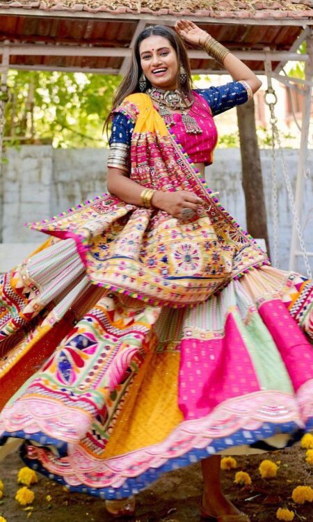 Multi-Coloured Printed Lehenga Choli in Muslin Cotton with Real Mirror Work
