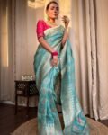 Turquoise Green Banarasi Soft Silk Saree with Zari Work and Solid Jacquard Weave
