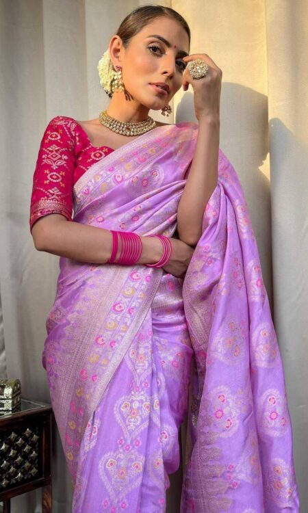 Lavender Banarasi Soft Silk Saree with Zari Work and Solid Jacquard Weave