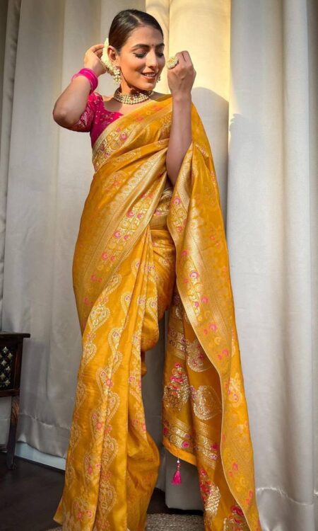 Yellow Banarasi Soft Silk Saree with Zari Work and Solid Jacquard Weave