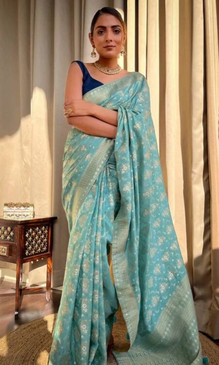 Turquoise Green Banarasi Soft Silk Saree with Copper Zari Weaving and Brocade Blouse