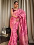 Baby Pink Banarasi Soft Silk Saree with Copper Zari Weaving and Brocade Blouse
