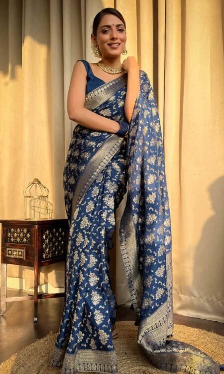 Blue Banarasi Soft Silk Saree with Copper Zari Weaving and Brocade Blouse
