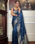 Blue Banarasi Soft Silk Saree with Copper Zari Weaving and Heavy Brocade Blouse