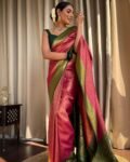 Pink & Green Banarasi Soft Silk Saree with Copper Zari Weaving and Heavy Brocade Blouse
