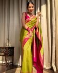 Lime & Pink Banarasi Soft Silk Saree with Copper Zari Weaving and Heavy Brocade Blouse