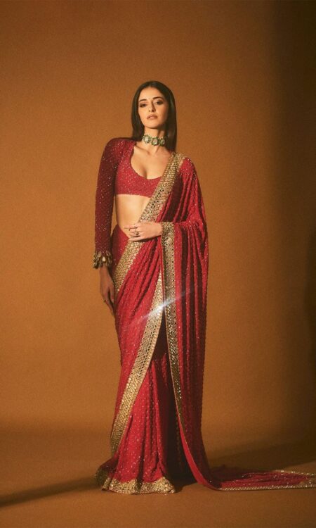 Red Heavy Soft Georgette Saree with Fancy Embroidery Thread Work and Sequins