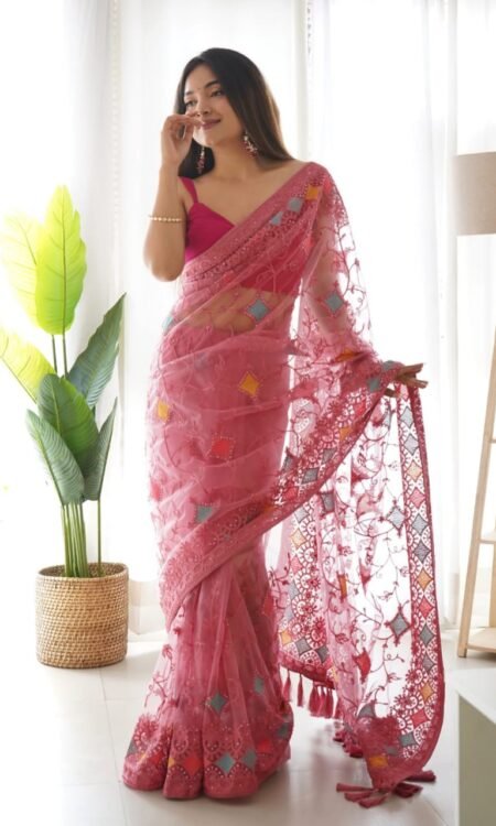 Pink Heavy Butterfly Net Saree with Aari Embroidery and Stone Work