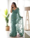 Teal Heavy Butterfly Net Saree with Aari Embroidery and Stone Work