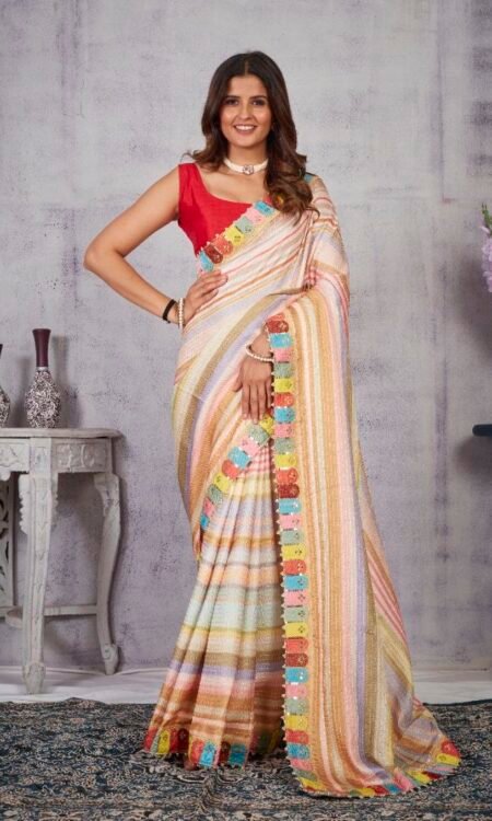 Vichitra Silk Saree with Crochet Work, Laheriya Pattern Digital Print, Embroidered Lace Border, and Moti Work