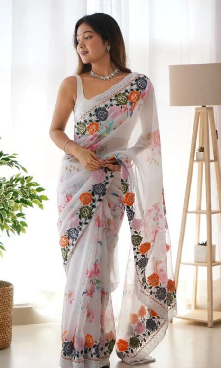 Exquisite Flowers Digital Print Saree Multicolored Thread and Sequence Embroidery Work
