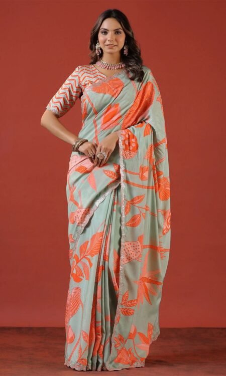 Designer Floral Digital Print Saree with Sequence Embroidery Work