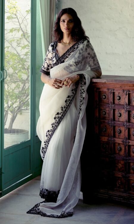 White with Black Embroidery Soft Georgette Saree with Cutwork Border and Heavy Banglori Blouse
